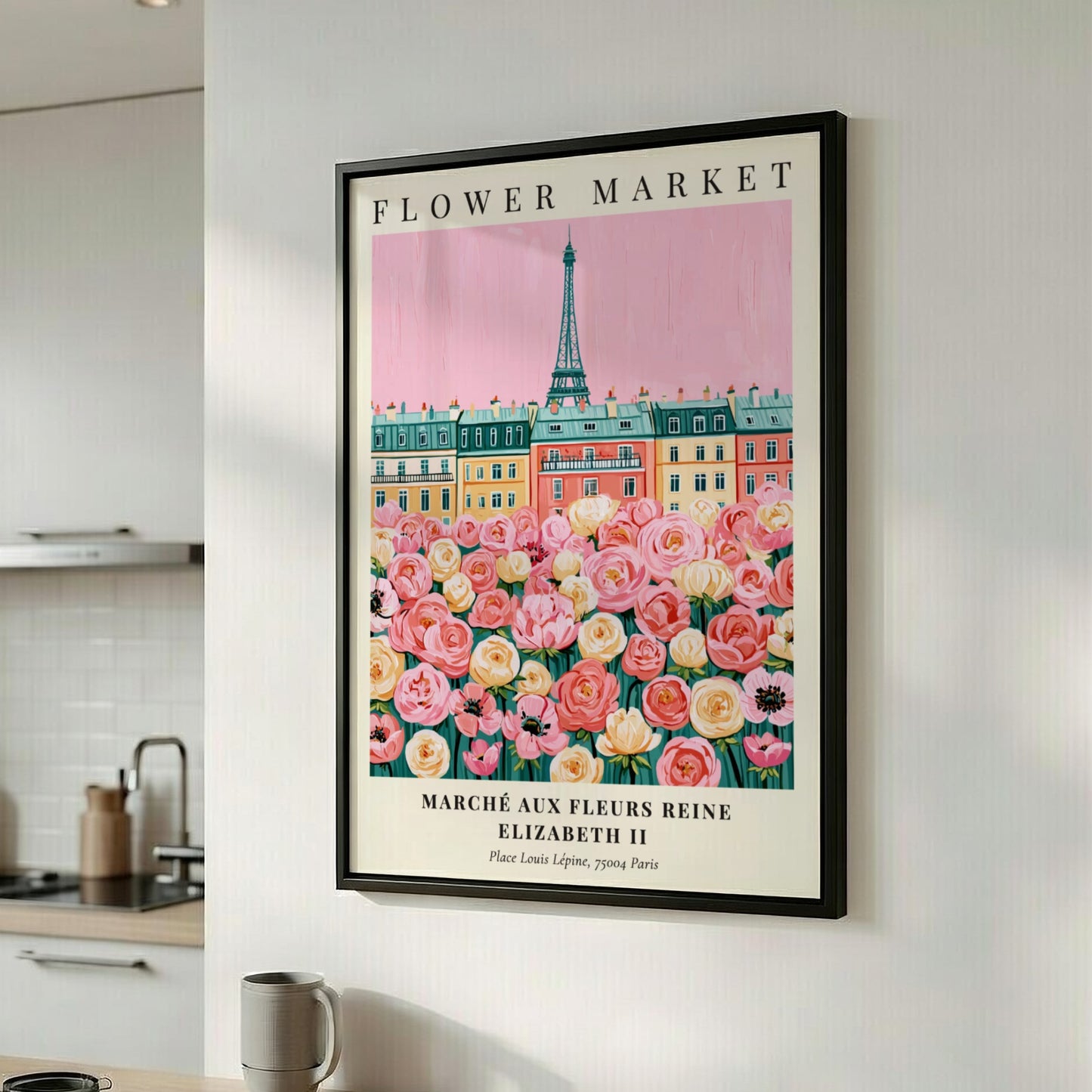 Flower market print featuring pink blooms and Parisian architecture in a vibrant, whimsical style.