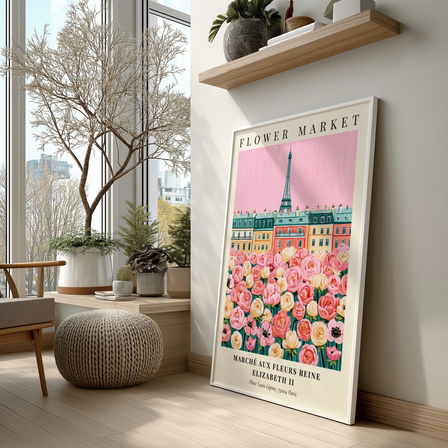 Flower market print featuring pink blooms and Parisian architecture in a vibrant, whimsical style.