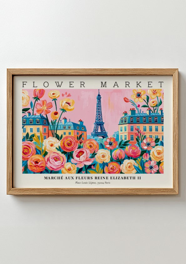 Flower market poster featuring colorful flowers and the Eiffel Tower in Paris