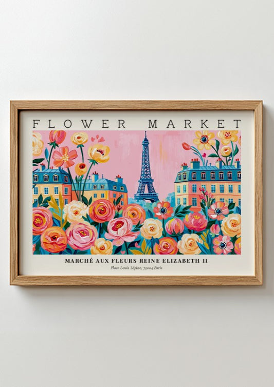 Flower market poster featuring colorful flowers and the Eiffel Tower in Paris