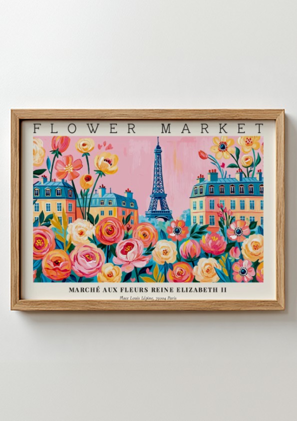 Flower market poster featuring vibrant flowers and the Eiffel Tower in a colorful Parisian scene