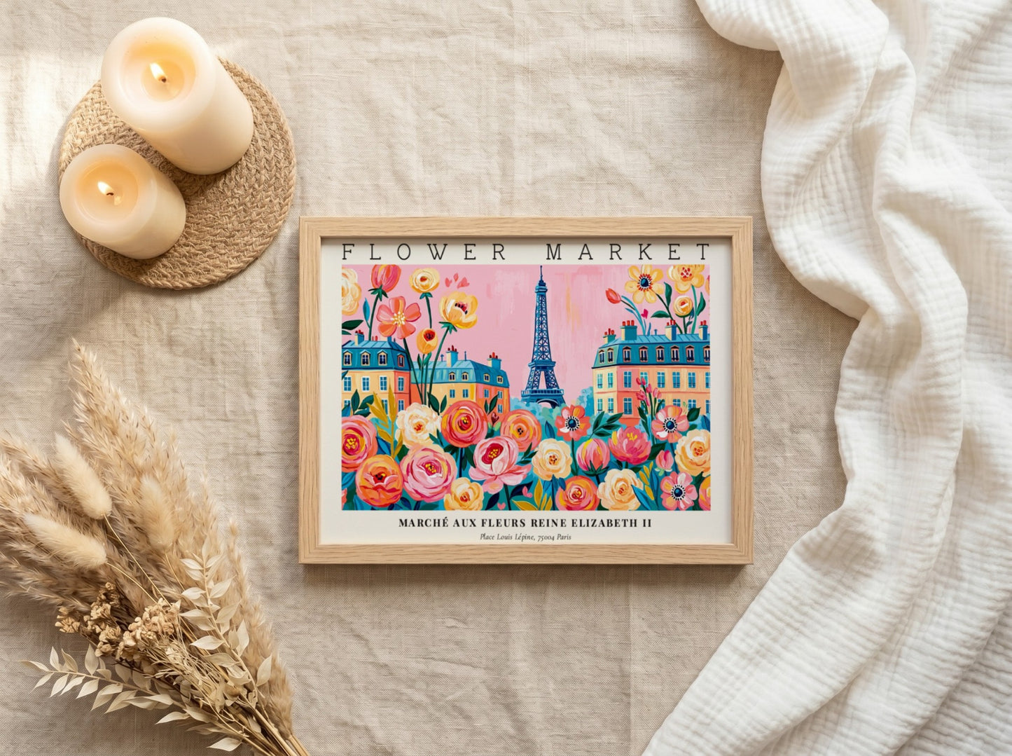 Flower market poster featuring vibrant flowers and the Eiffel Tower in a colorful Parisian scene