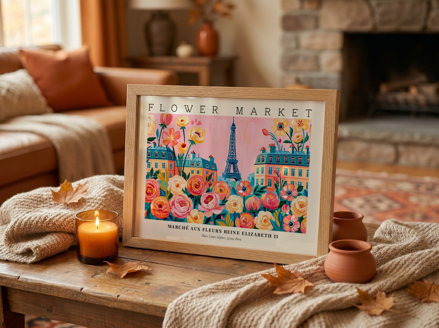 Flower market poster featuring colorful flowers and the Eiffel Tower in Paris