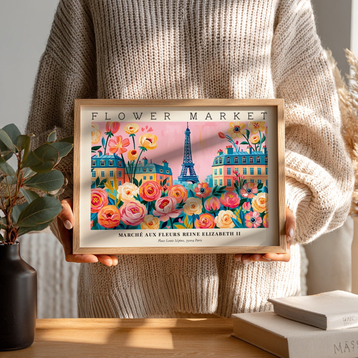 Flower market poster featuring vibrant flowers and the Eiffel Tower in a colorful Parisian scene