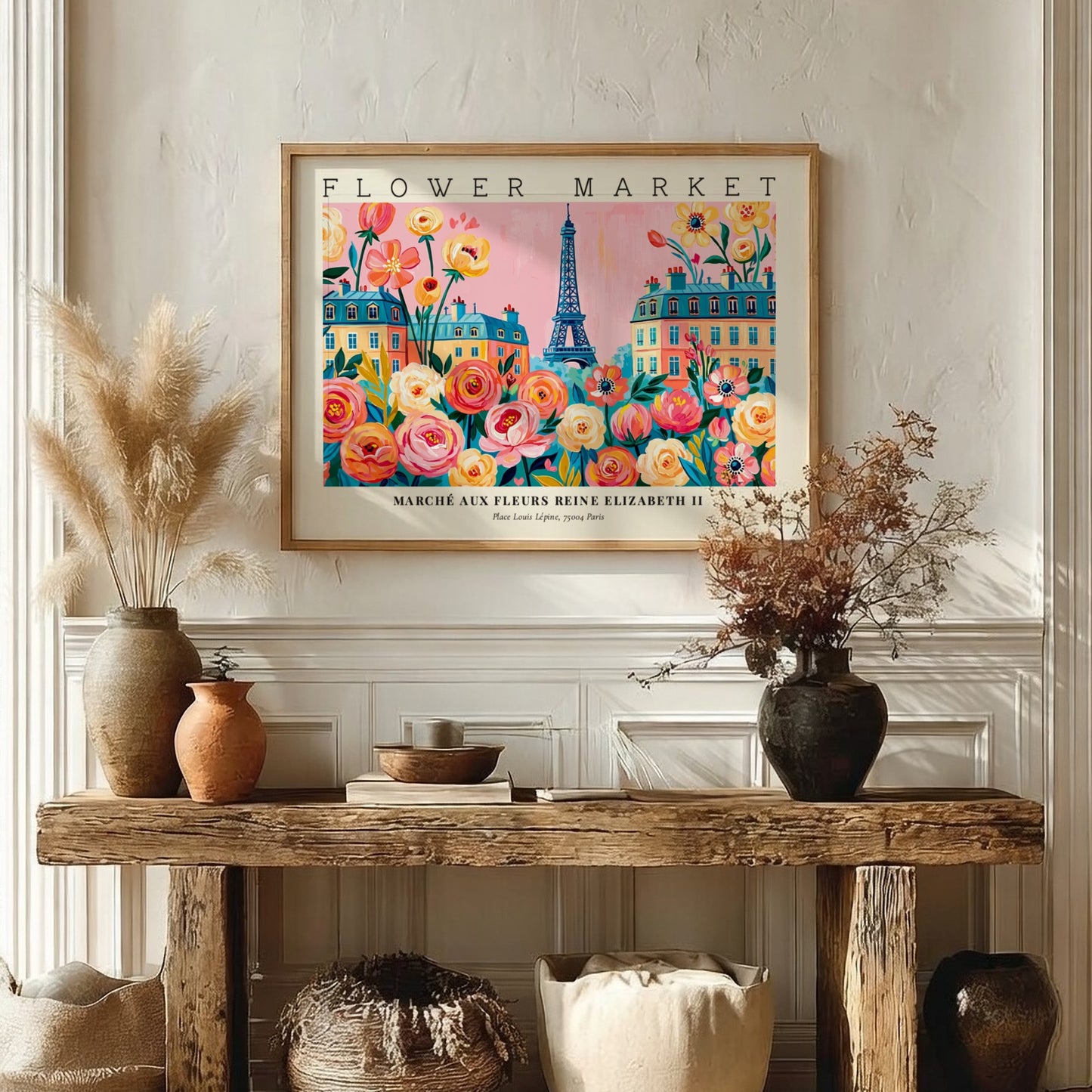 Flower market poster featuring colorful flowers and the Eiffel Tower in Paris