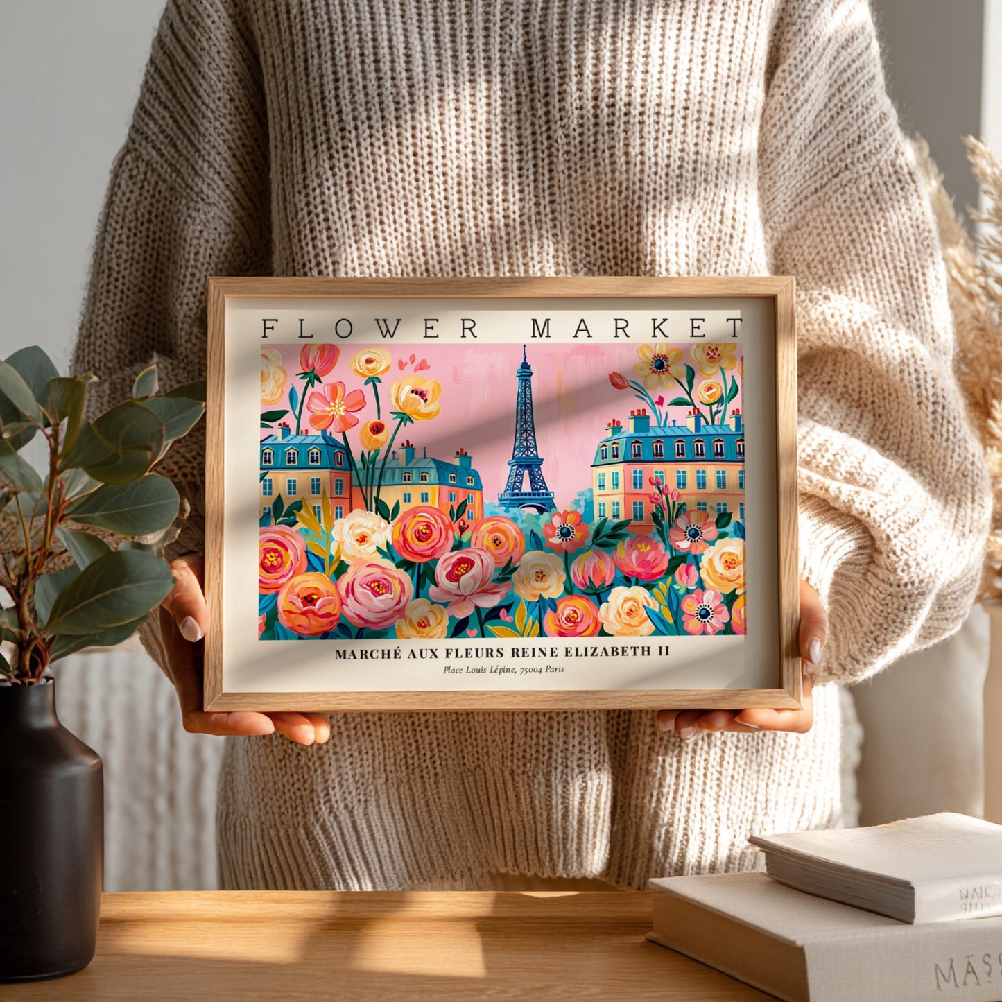 Flower market poster featuring colorful flowers and the Eiffel Tower in Paris