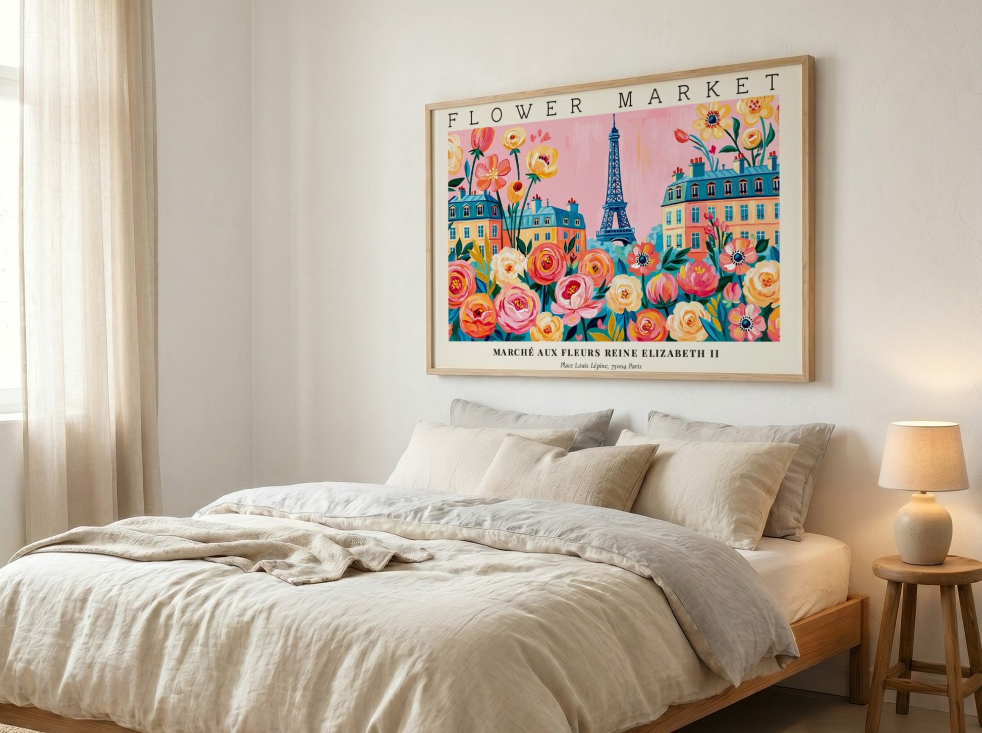 Flower market poster featuring vibrant flowers and the Eiffel Tower in a colorful Parisian scene
