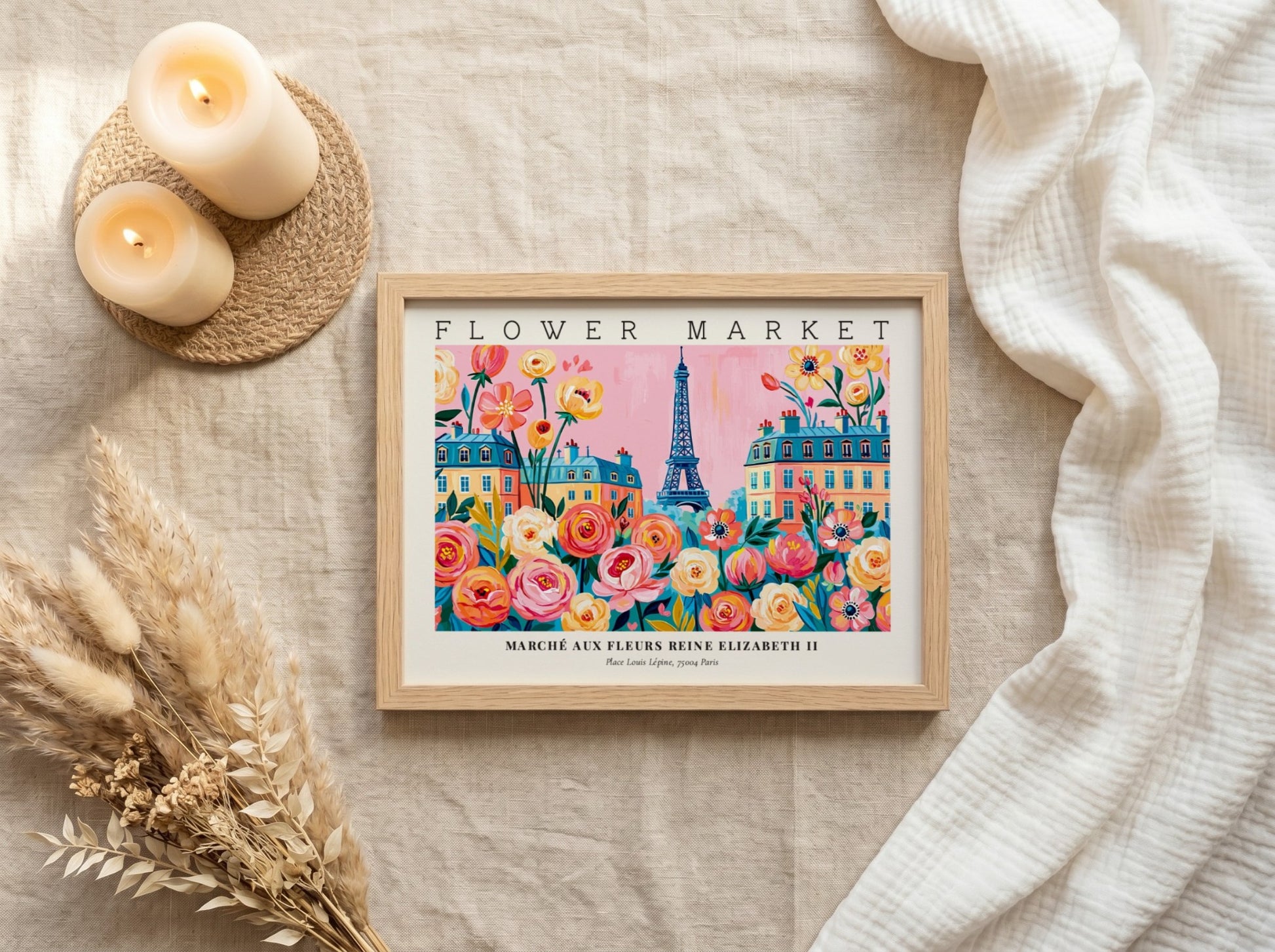 Flower market poster featuring colorful flowers and the Eiffel Tower in Paris