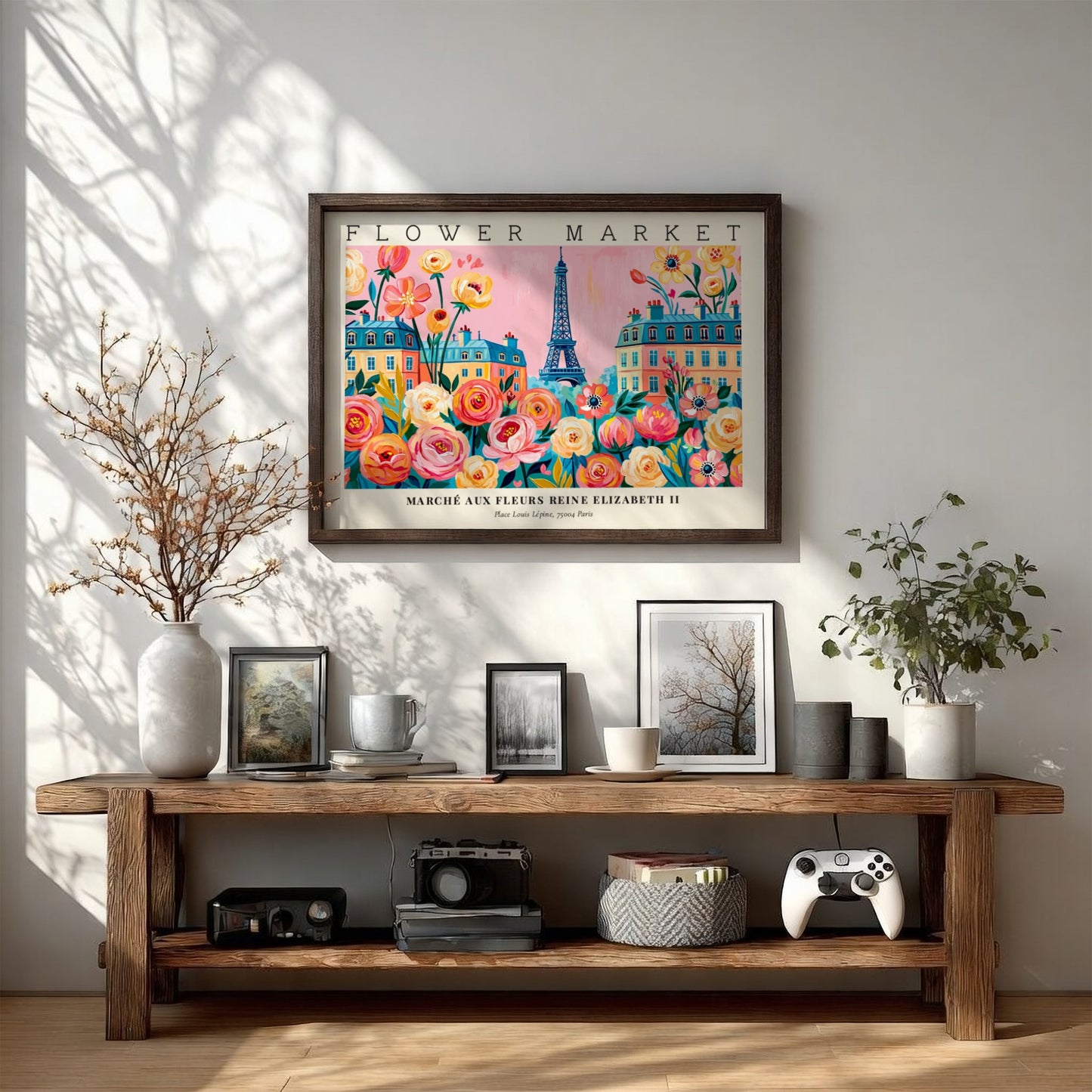 Flower market poster featuring vibrant flowers and the Eiffel Tower in a colorful Parisian scene