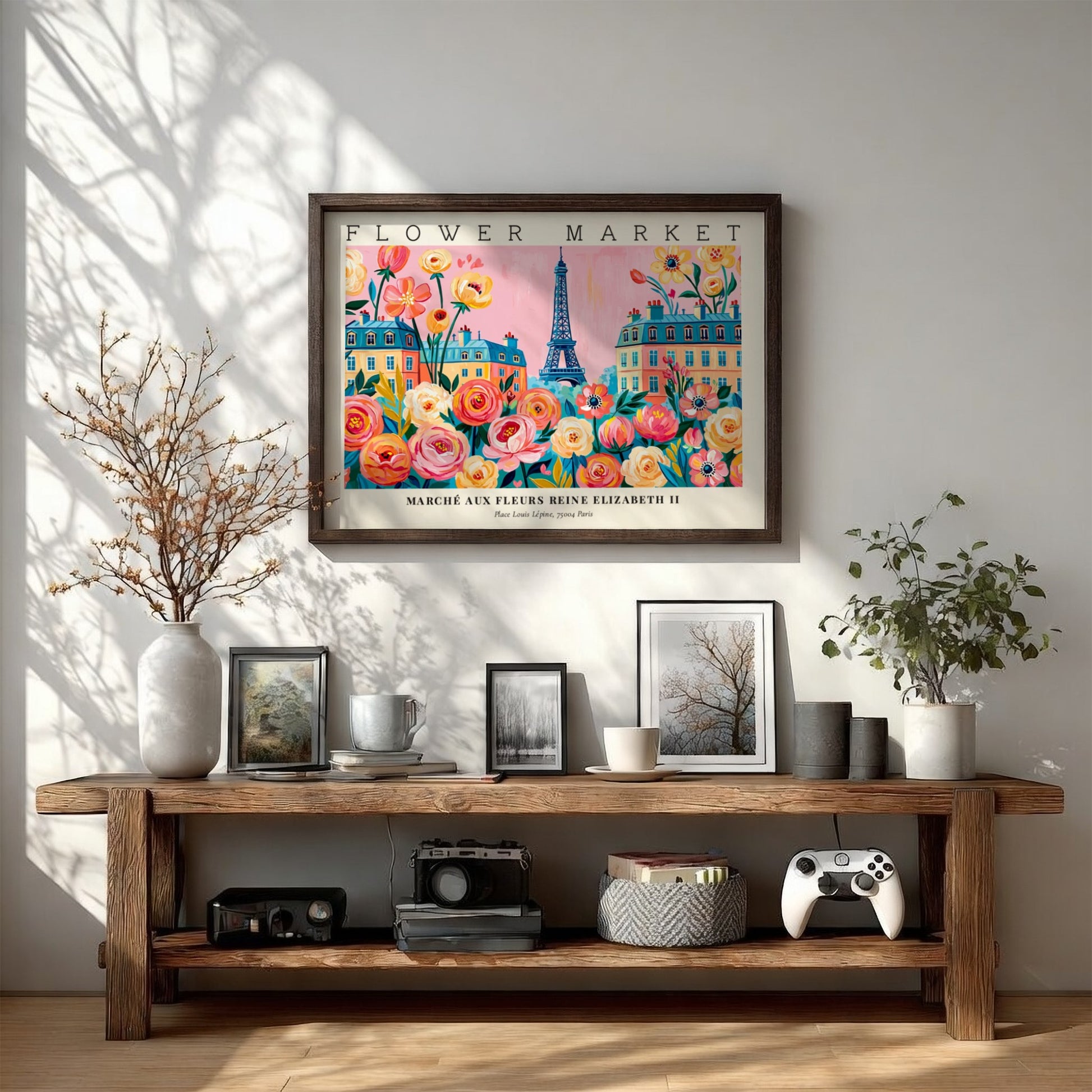 Flower market poster featuring vibrant flowers and the Eiffel Tower in a colorful Parisian scene
