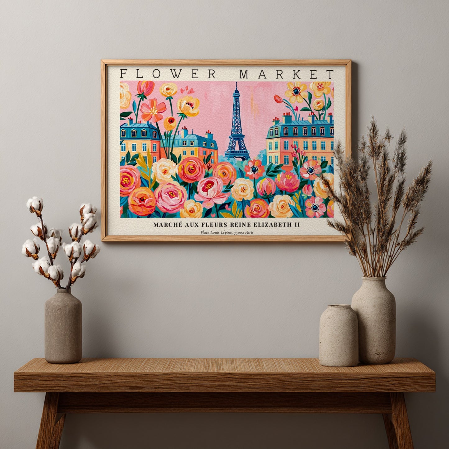 Flower market poster featuring vibrant flowers and the Eiffel Tower in a colorful Parisian scene