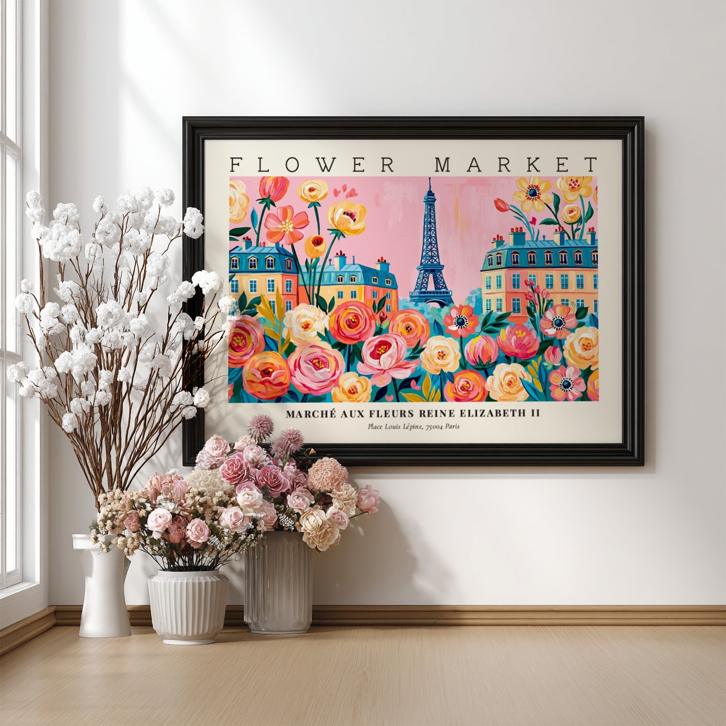 Flower market poster featuring colorful flowers and the Eiffel Tower in Paris
