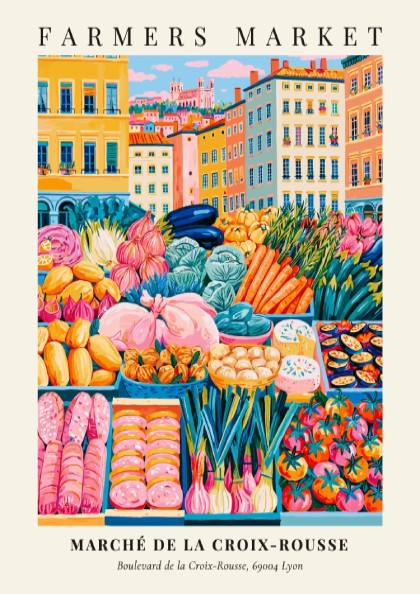 Farmers market poster featuring colorful fruits and vegetables in Lyon style