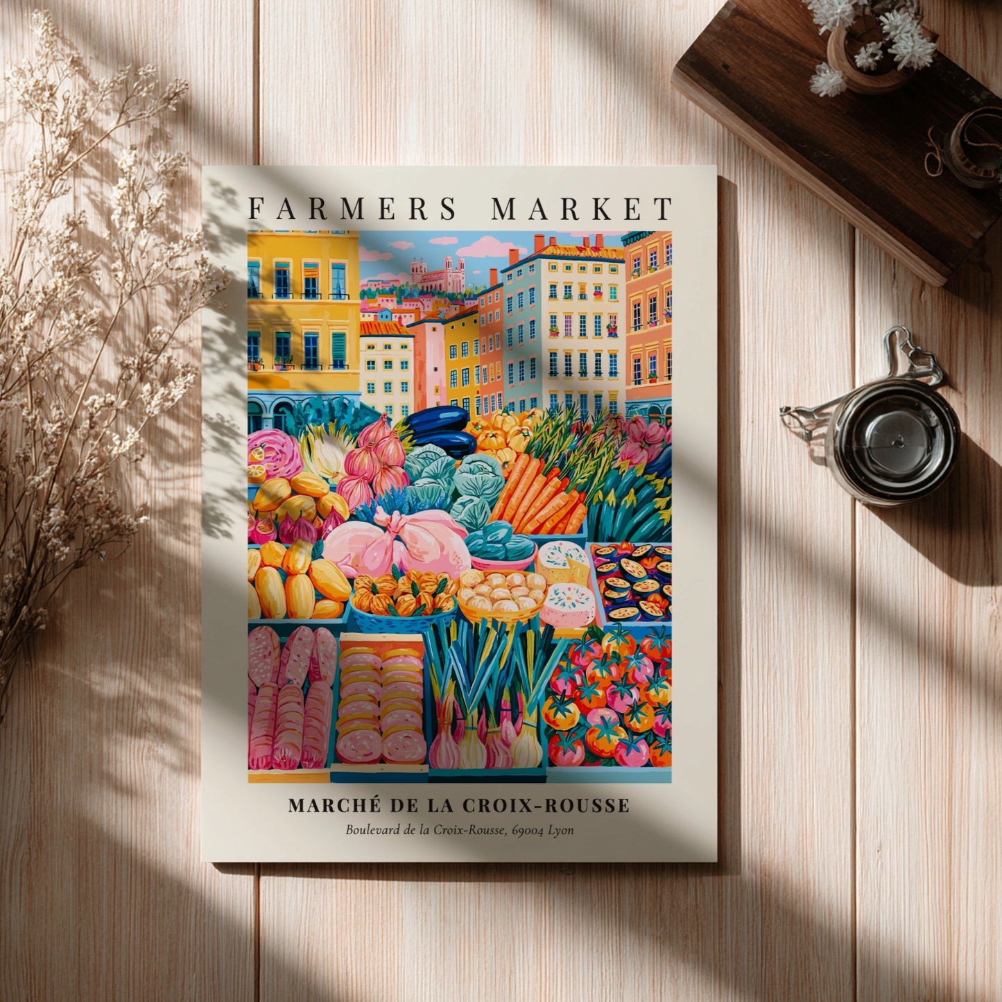 Farmers market poster featuring colorful fruits and vegetables in Lyon style