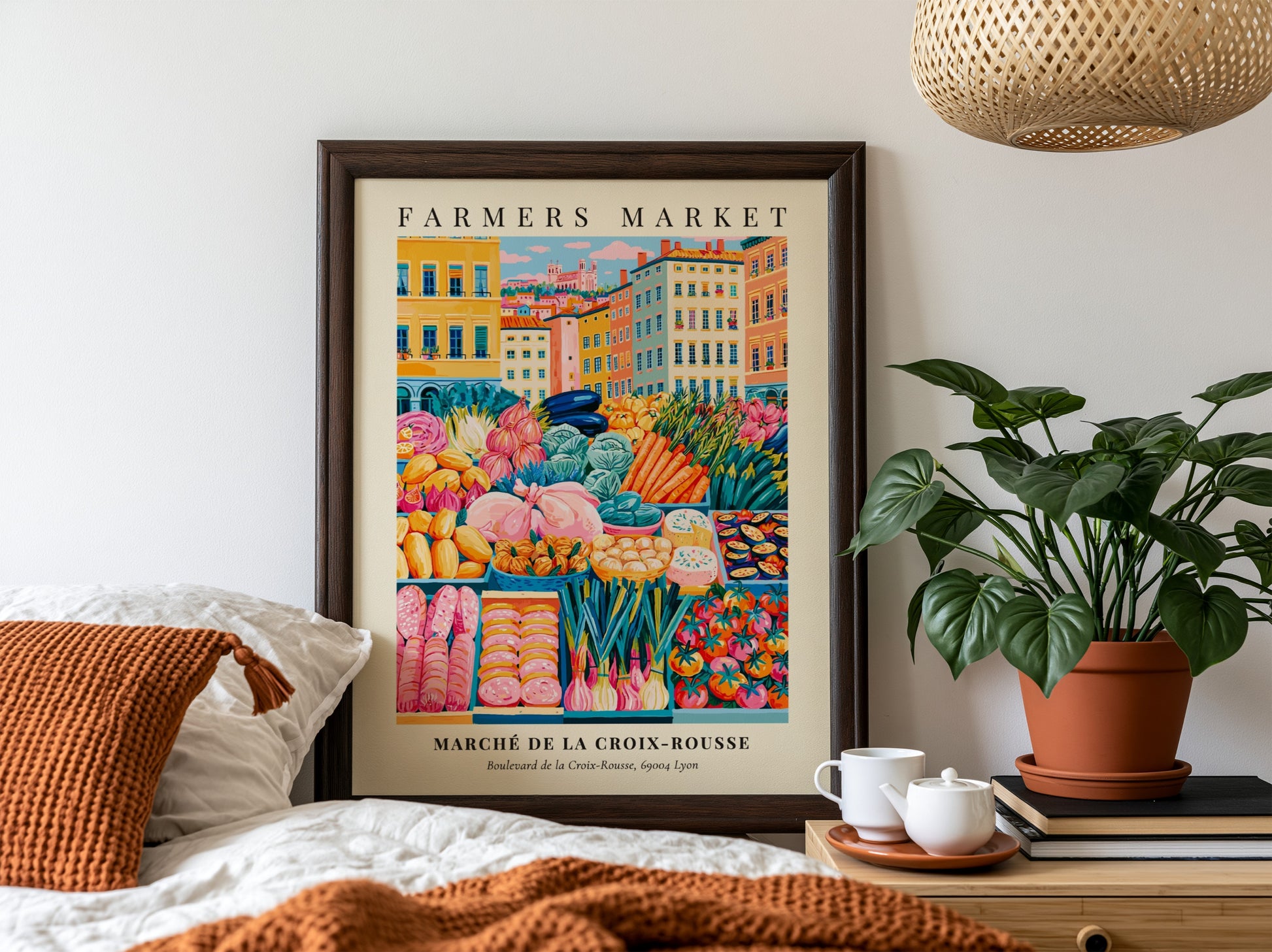 Farmers market poster featuring colorful fruits and vegetables in Lyon style