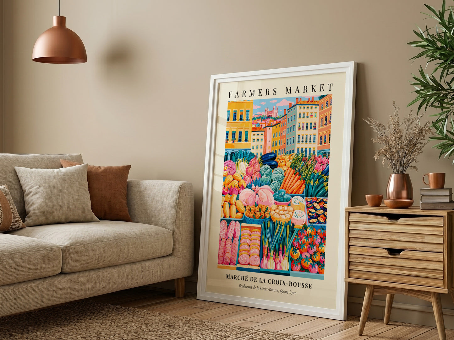 Farmers market poster featuring colorful fruits and vegetables in Lyon style