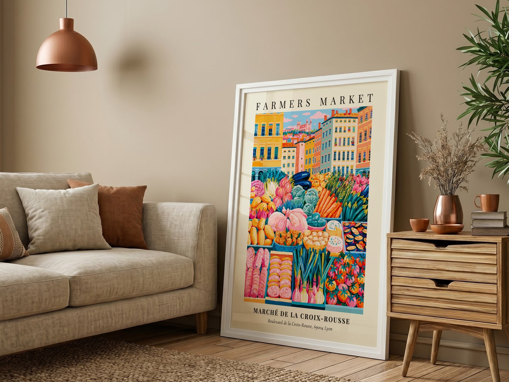 Farmers market poster featuring colorful fruits and vegetables in Lyon style