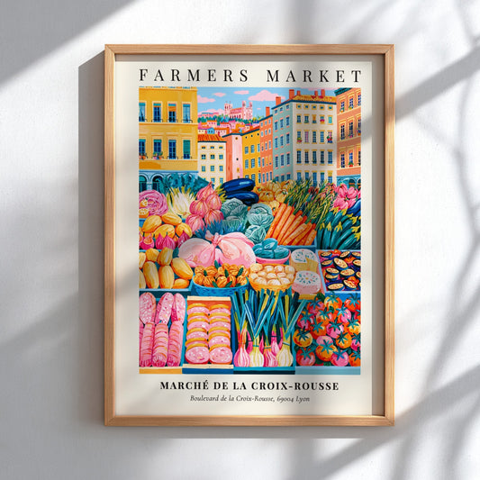 Farmers market poster featuring colorful fruits and vegetables in Lyon style