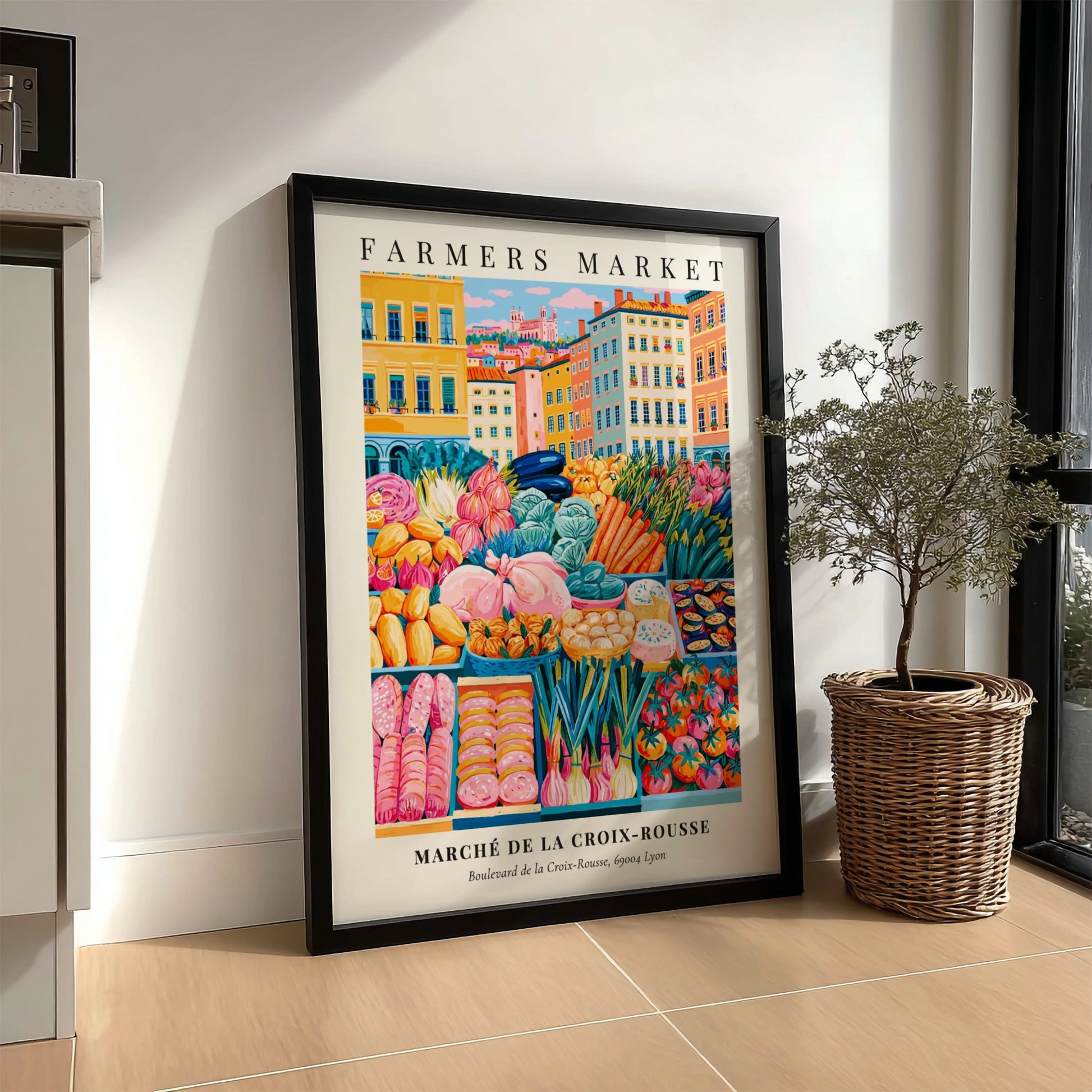 Farmers market poster featuring colorful fruits and vegetables in Lyon style