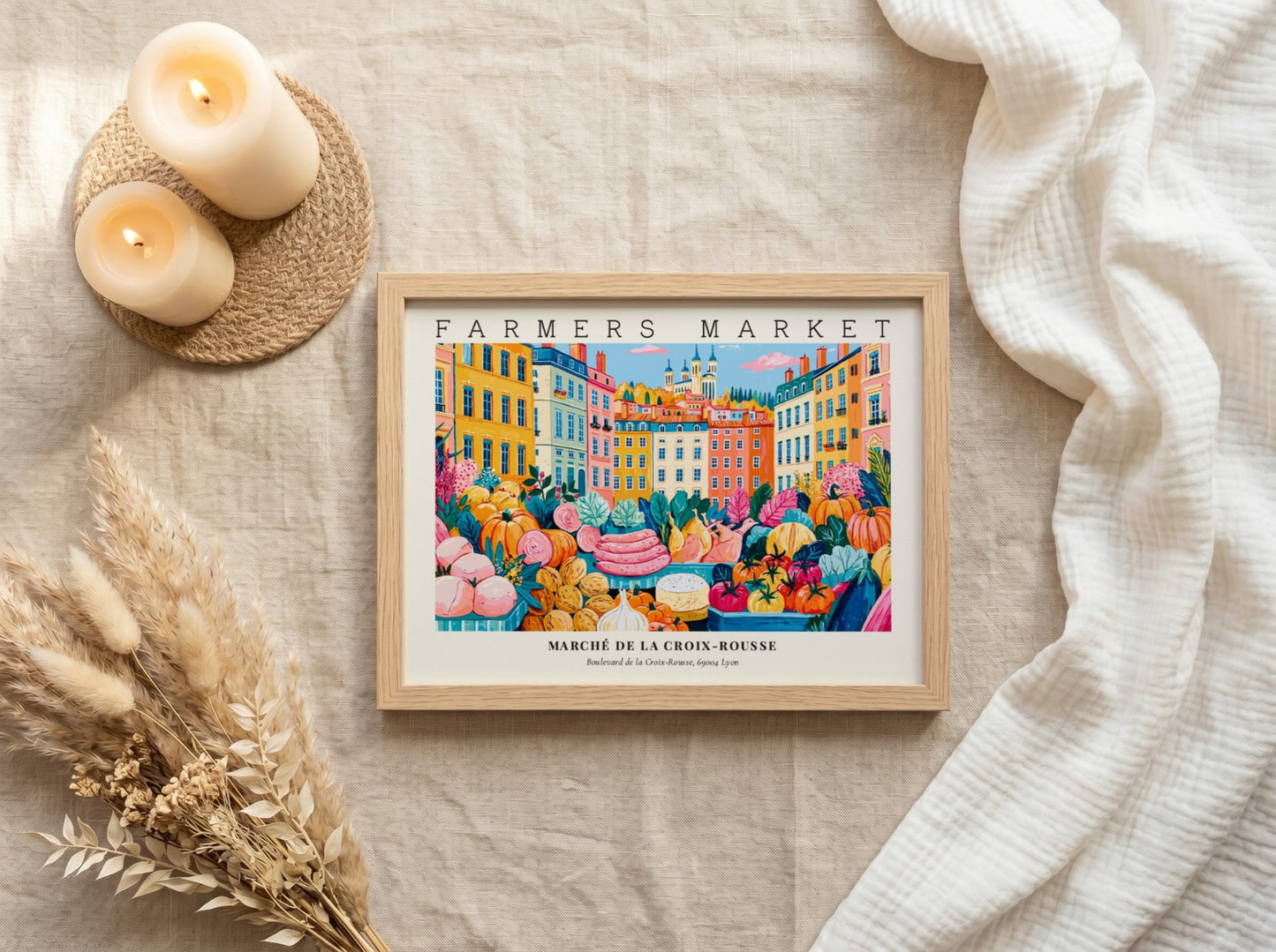 Farmers market poster showcasing colorful produce and buildings in a vibrant design