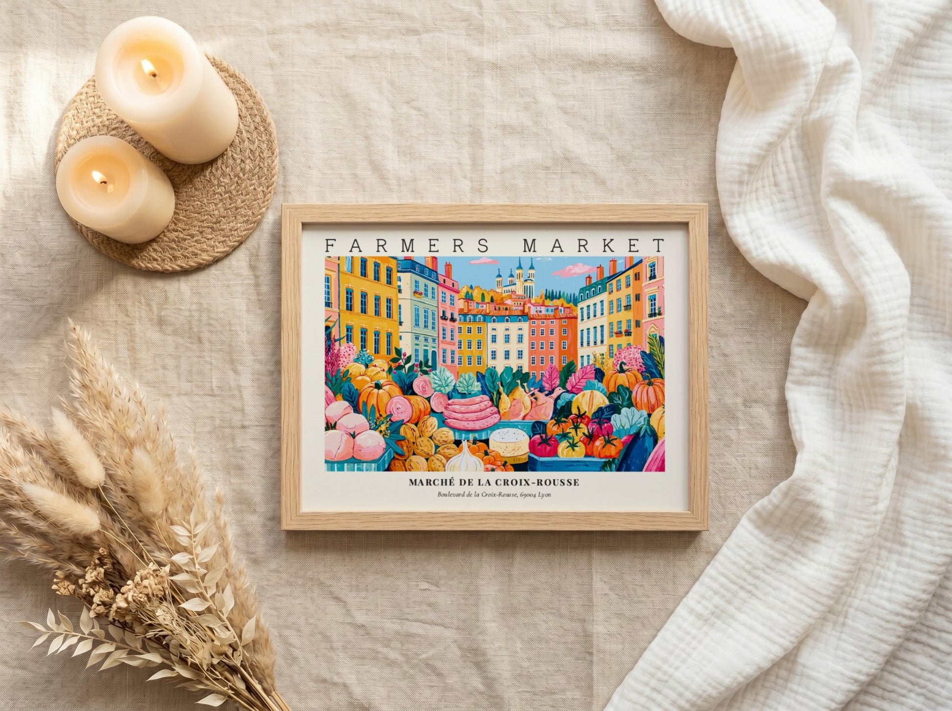 Farmers market poster showcasing colorful produce and buildings in a vibrant design