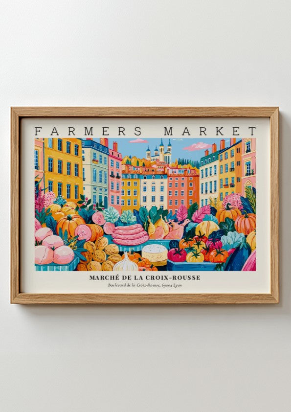 Farmers market poster showcasing colorful produce and buildings in a vibrant design