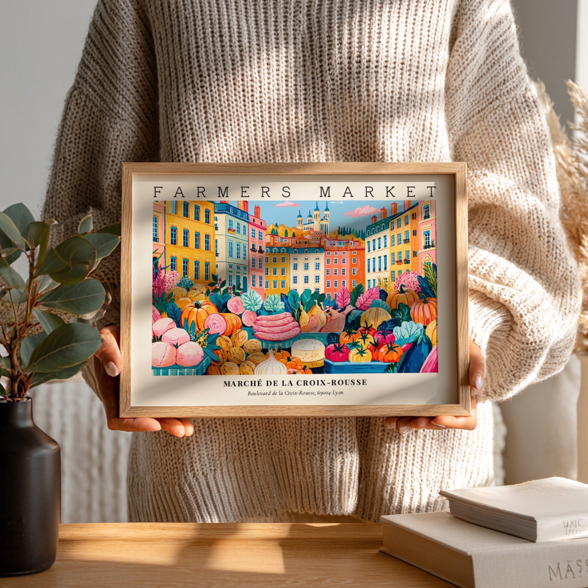 Farmers market poster showcasing colorful produce and buildings in a vibrant design