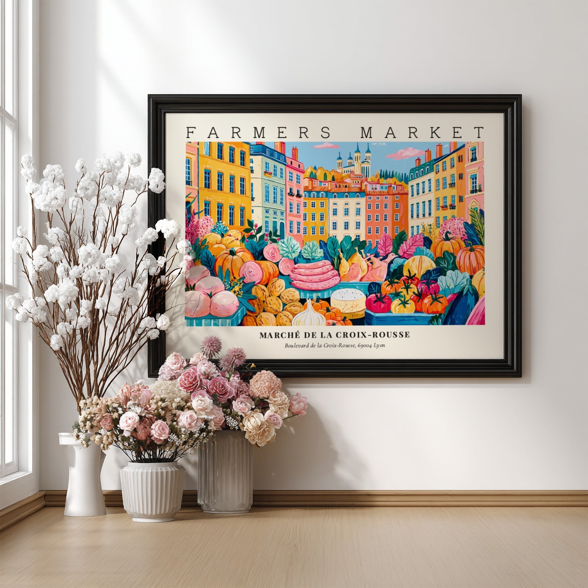 Farmers market poster showcasing colorful produce and buildings in a vibrant design