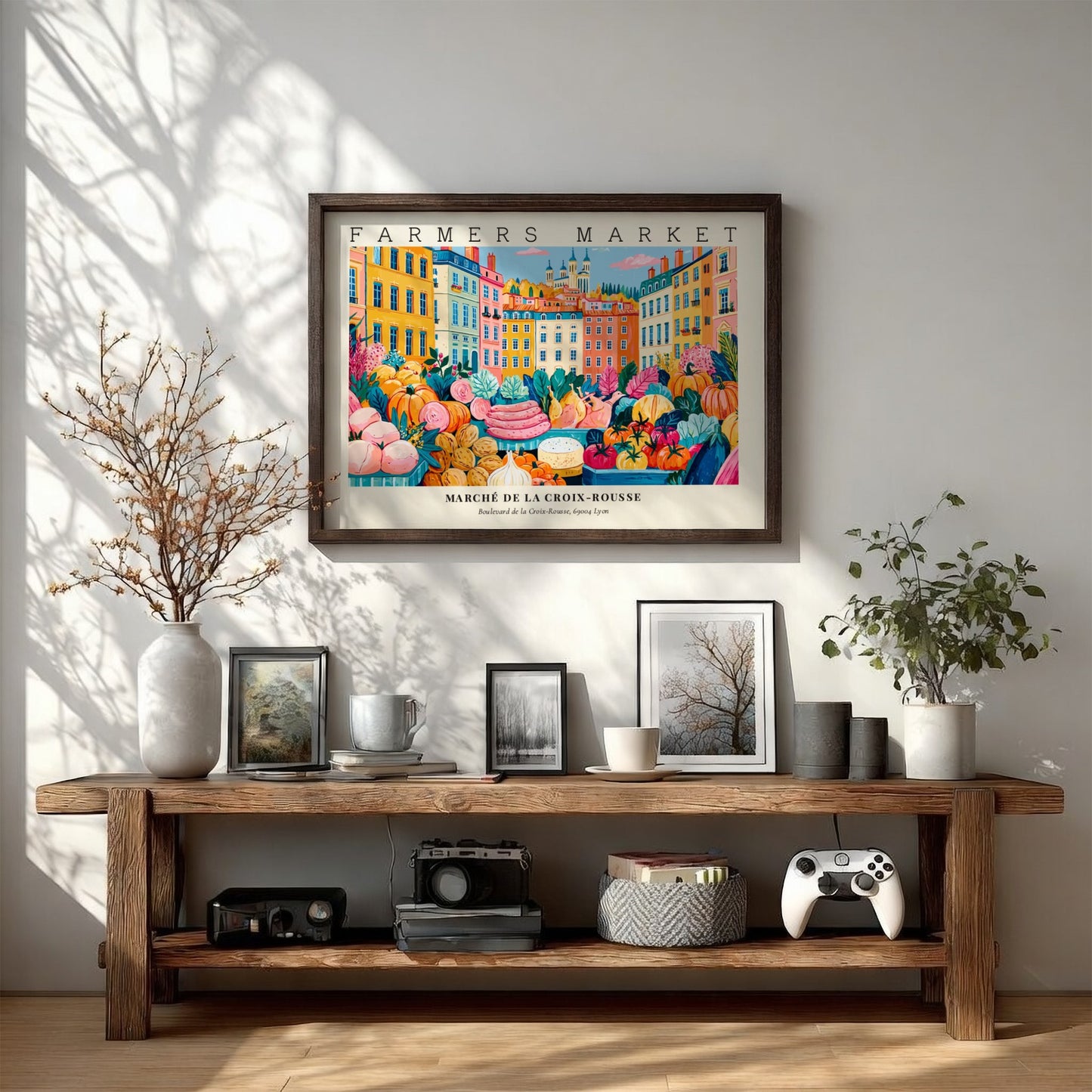 Farmers market poster showcasing colorful produce and buildings in a vibrant design