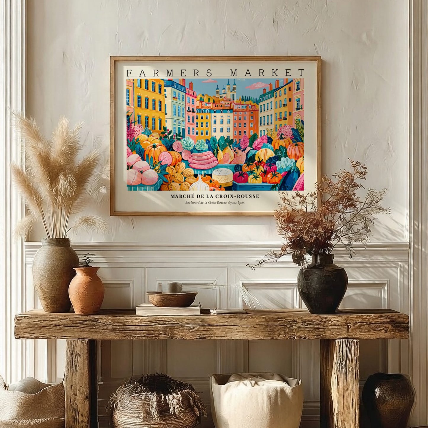 Farmers market poster showcasing colorful produce and buildings in a vibrant design