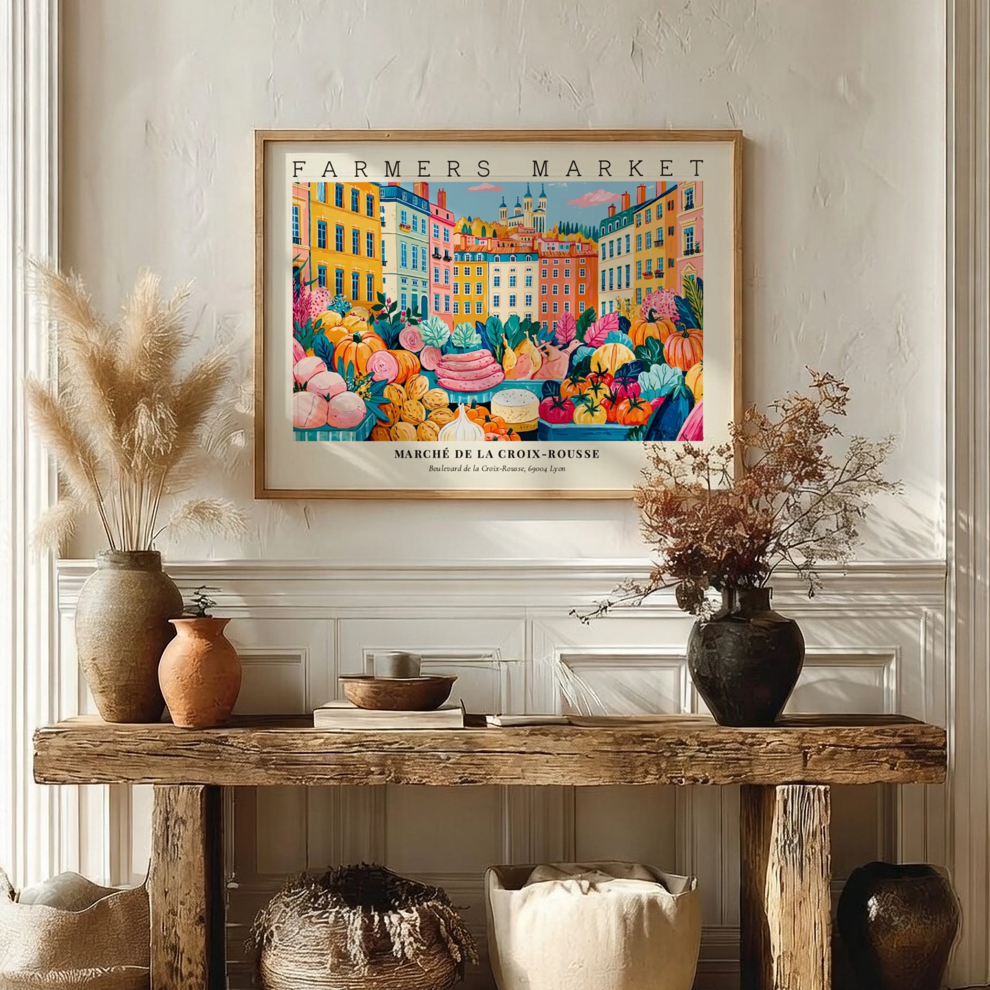 Farmers market poster showcasing colorful produce and buildings in a vibrant design