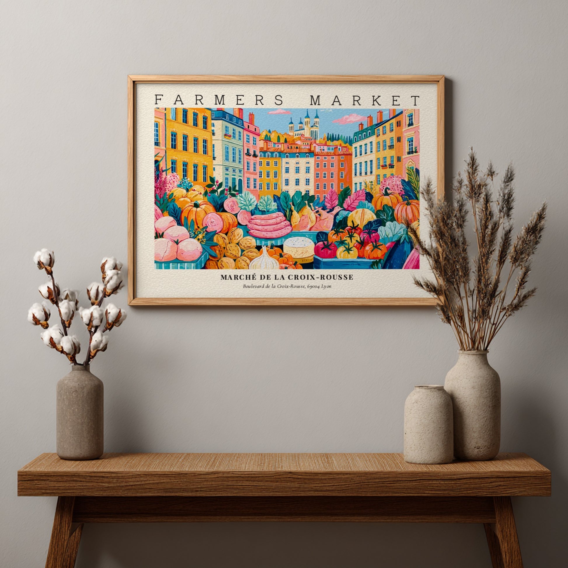 Farmers market poster showcasing colorful produce and buildings in a vibrant design