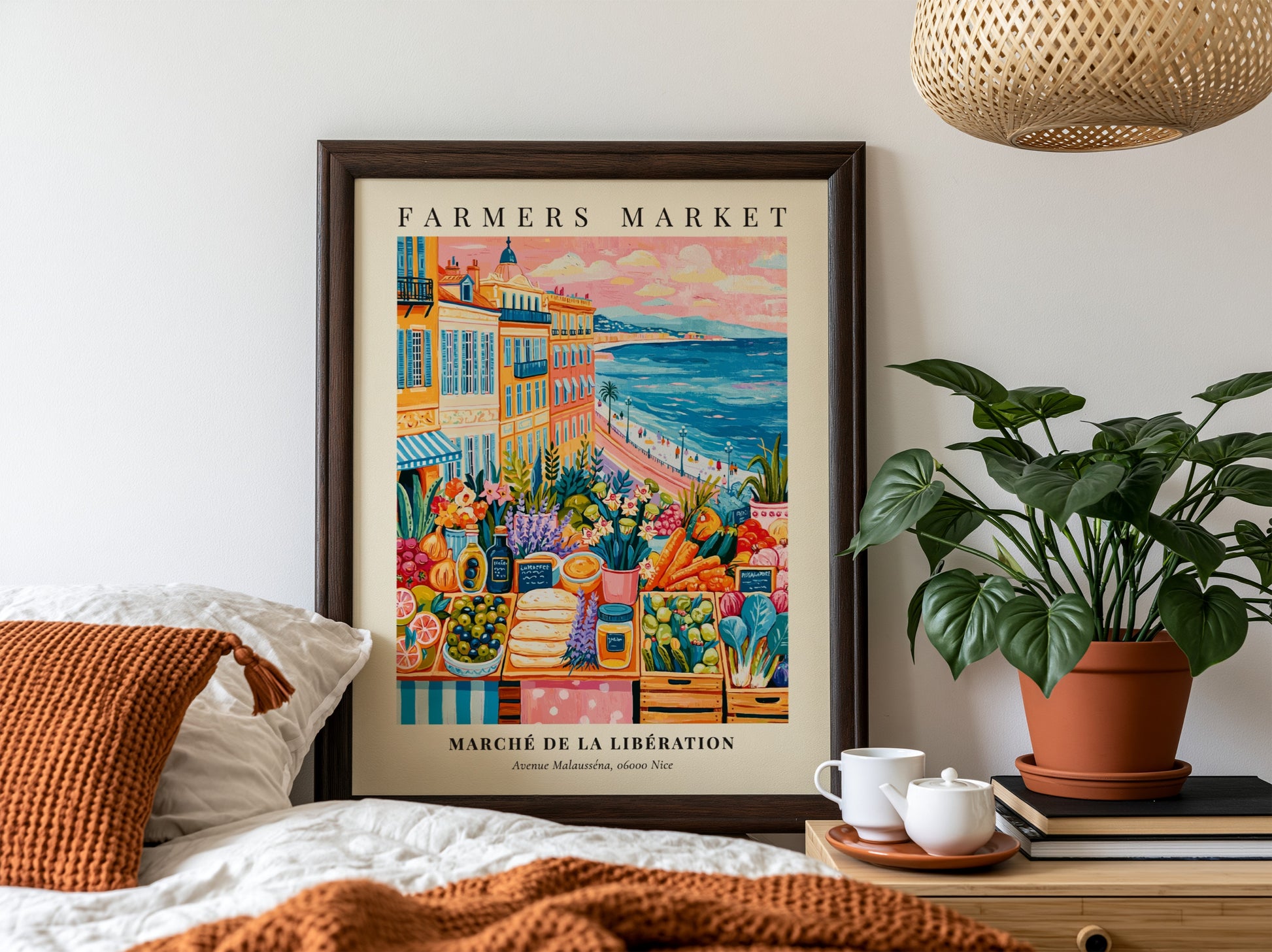 Farmers market poster featuring colorful produce and Mediterranean scenery