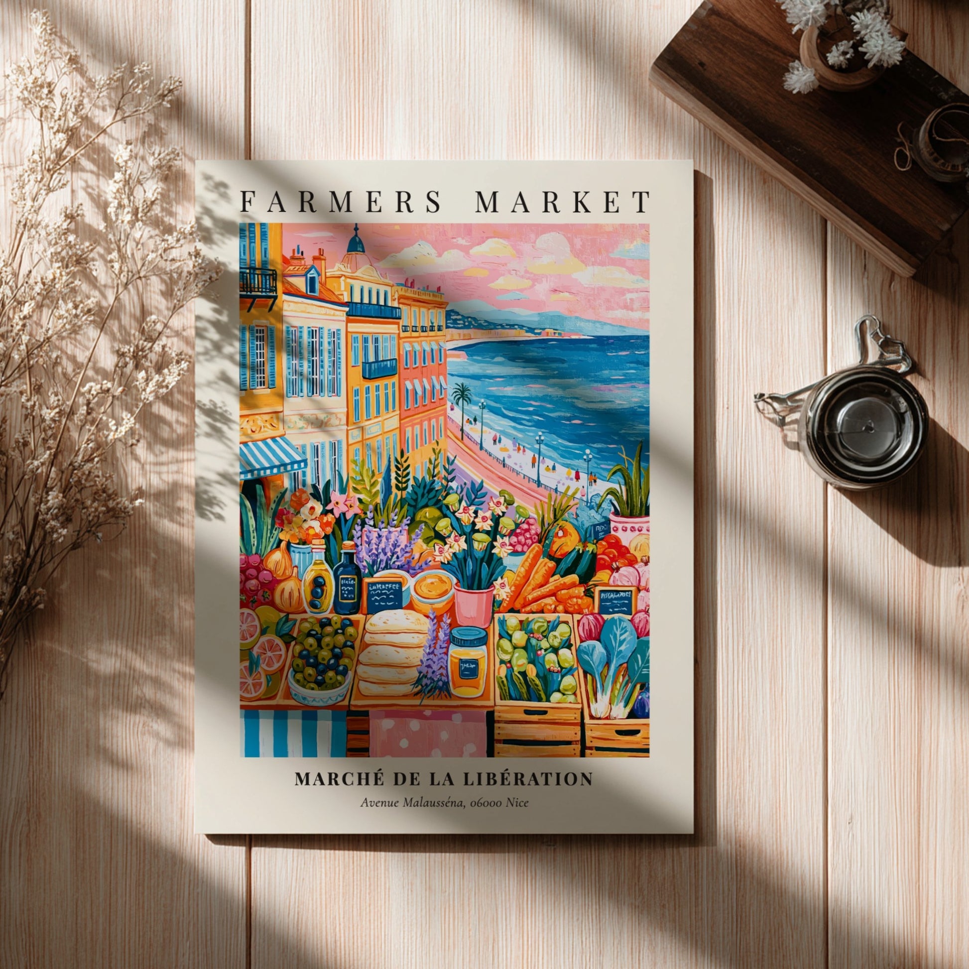Farmers market poster featuring colorful produce and Mediterranean scenery