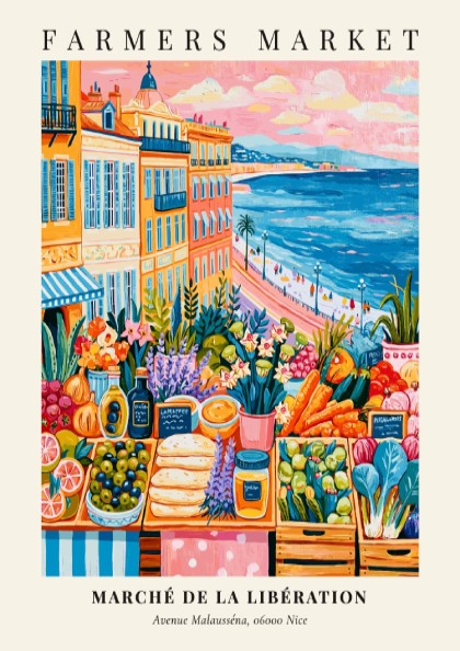Farmers market poster featuring colorful produce and Mediterranean scenery