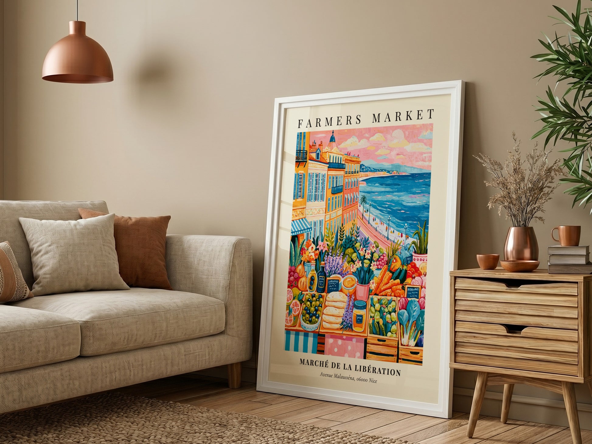 Farmers market poster featuring colorful produce and Mediterranean scenery