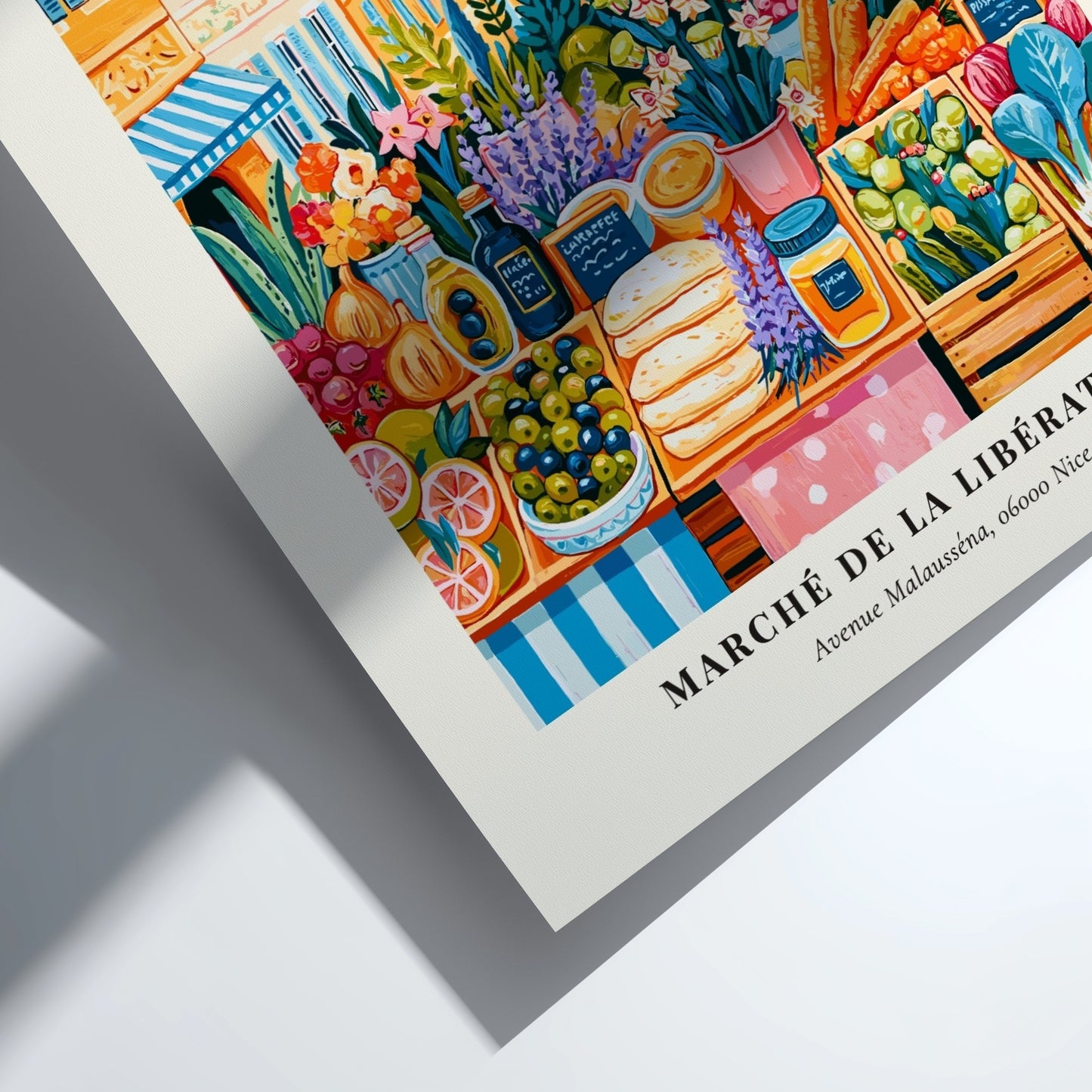 Farmers market poster featuring colorful produce and Mediterranean scenery