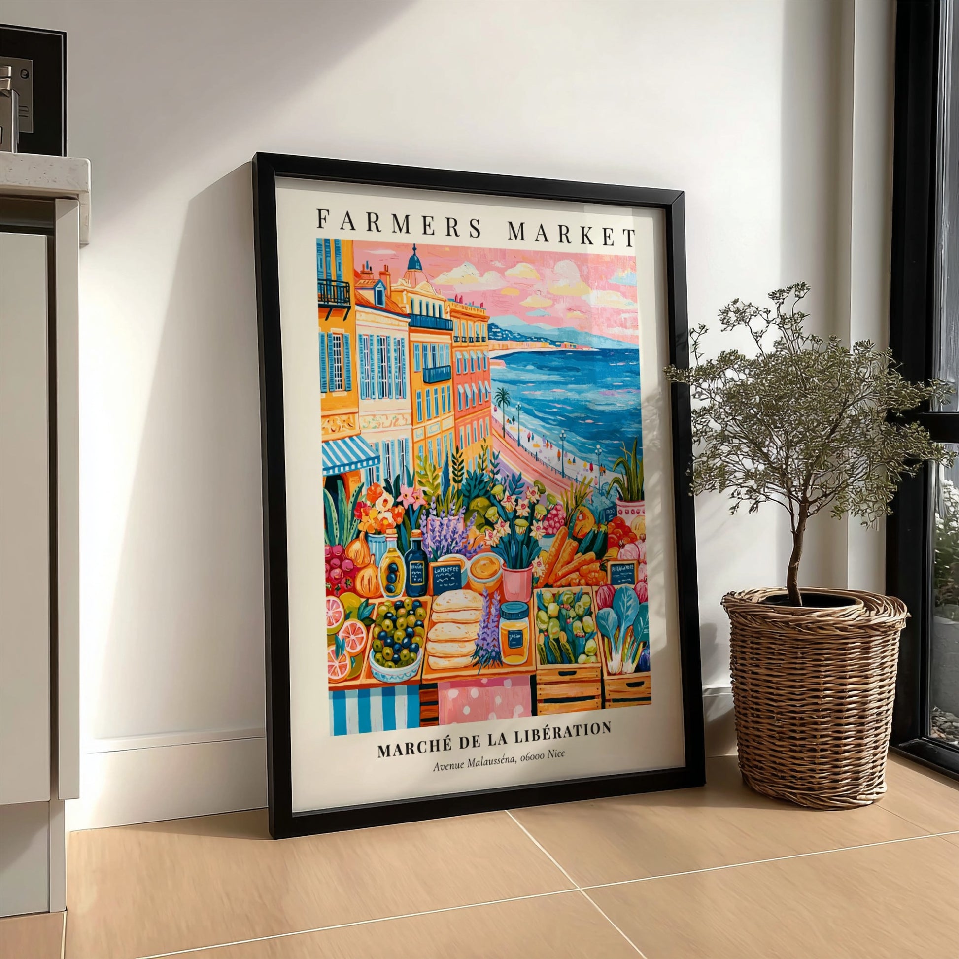 Farmers market poster featuring colorful produce and Mediterranean scenery