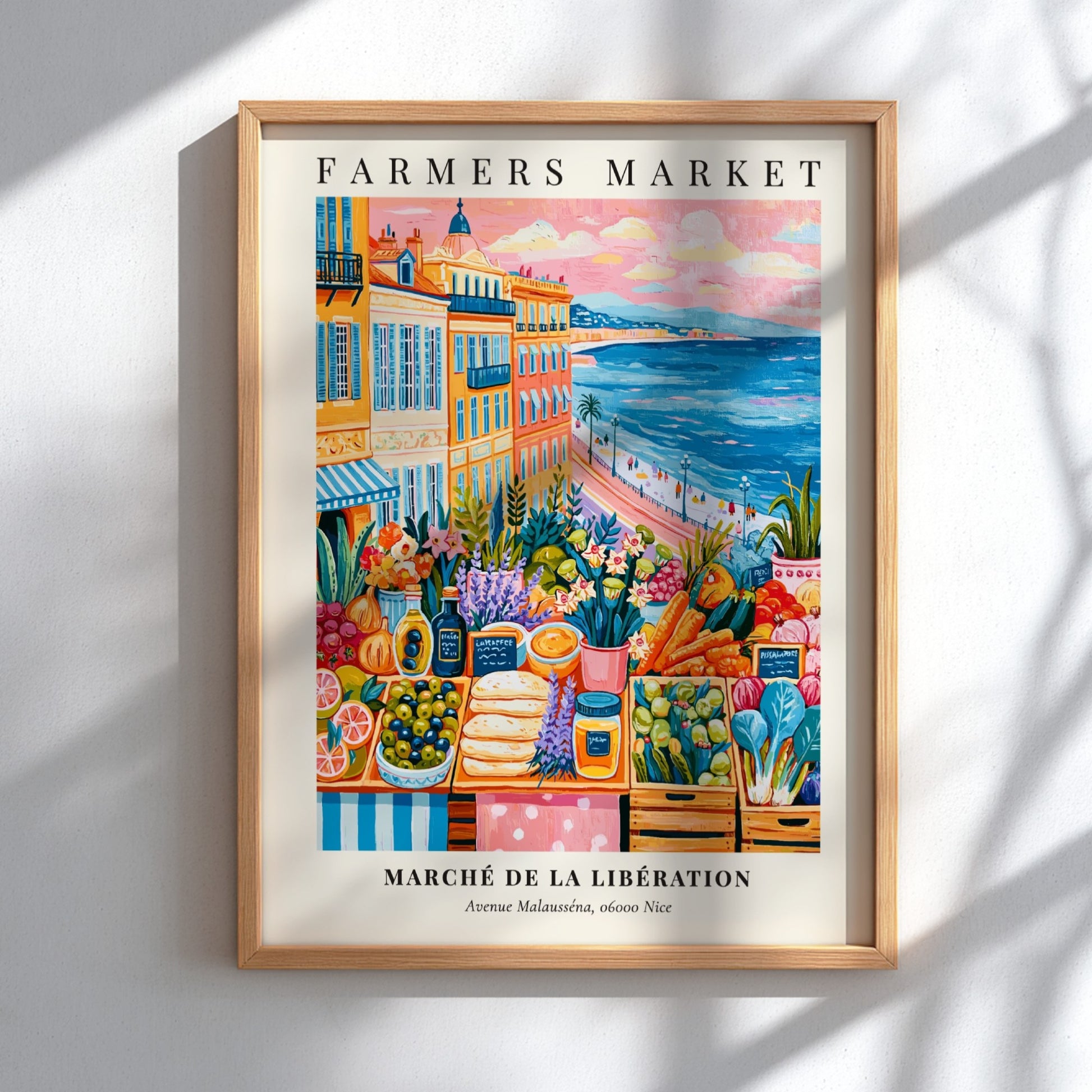 Farmers market poster featuring colorful produce and Mediterranean scenery