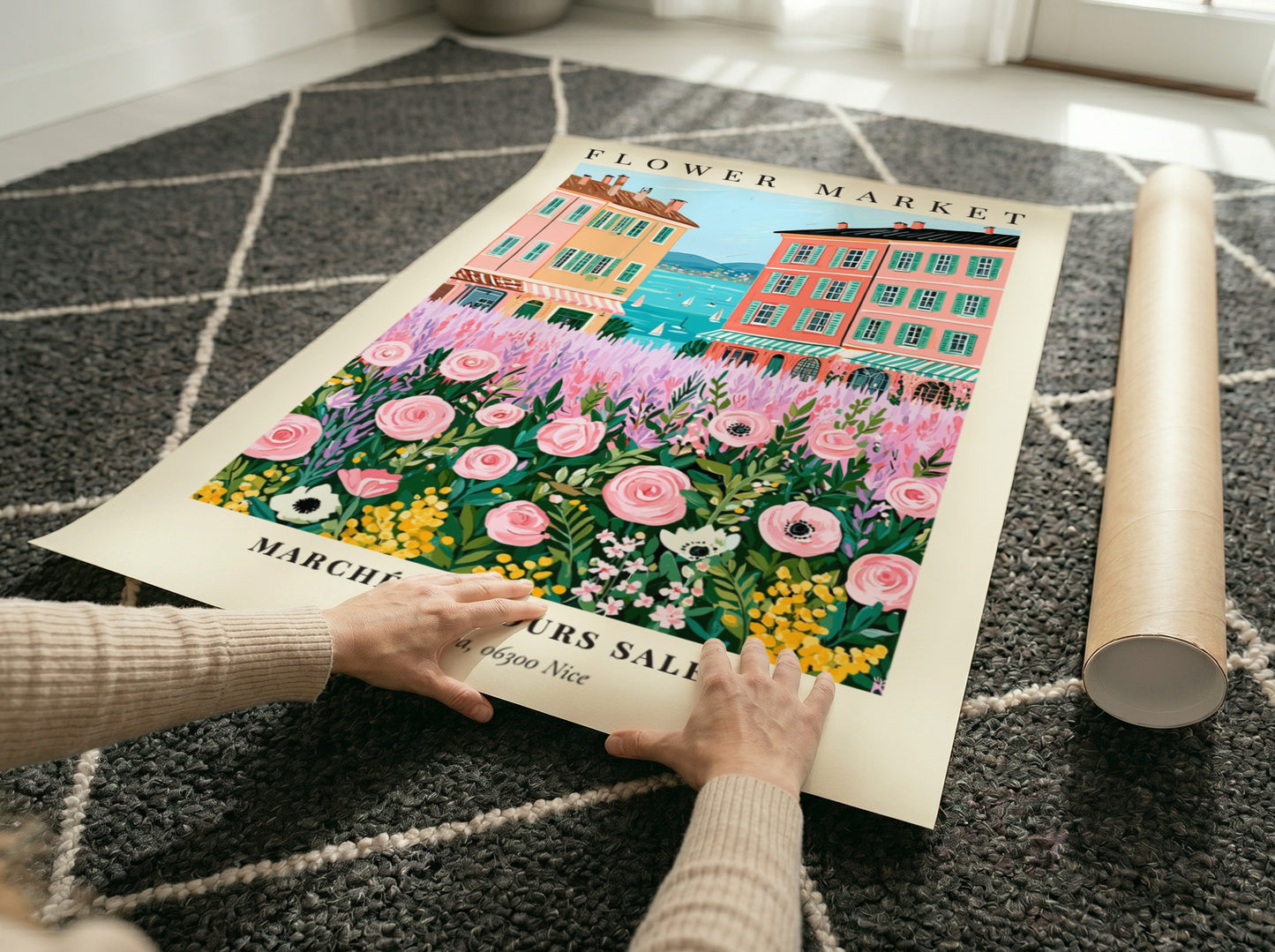 Flower market art print featuring pink flowers and colorful buildings by the sea in a whimsical style
