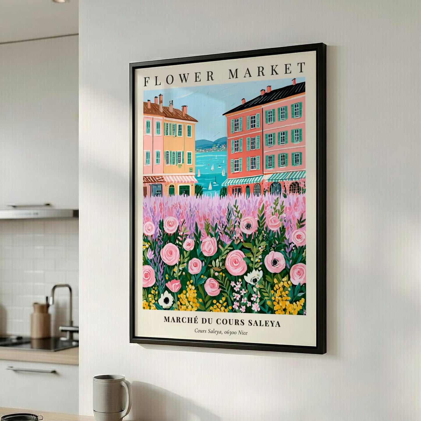 Flower market art print featuring pink flowers and colorful buildings by the sea in a whimsical style