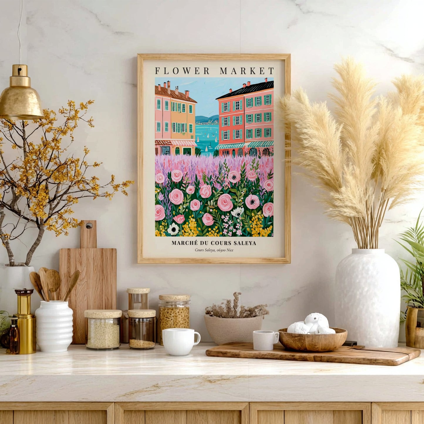 Flower market art print featuring pink flowers and colorful buildings by the sea in a whimsical style