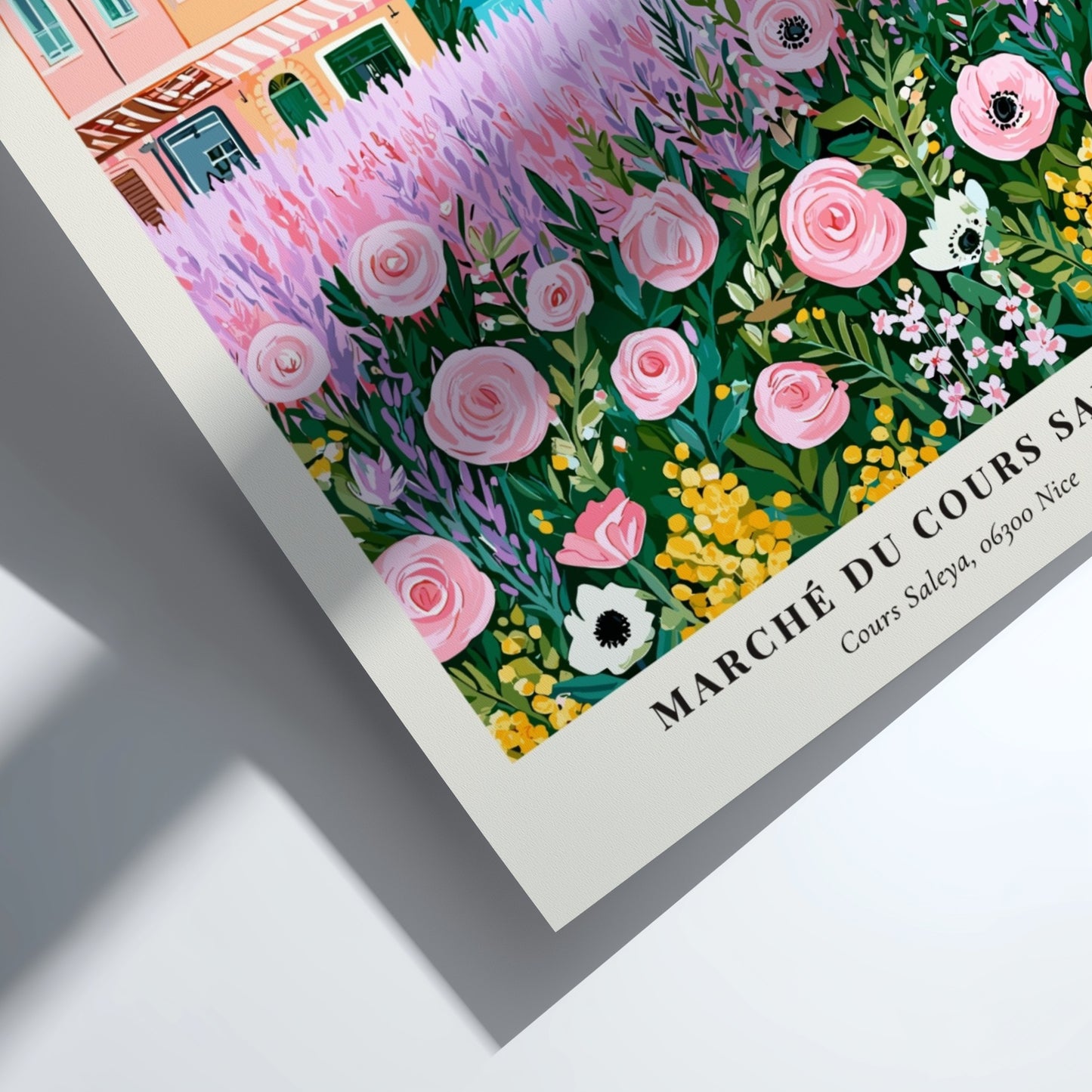 Flower market art print featuring pink flowers and colorful buildings by the sea in a whimsical style