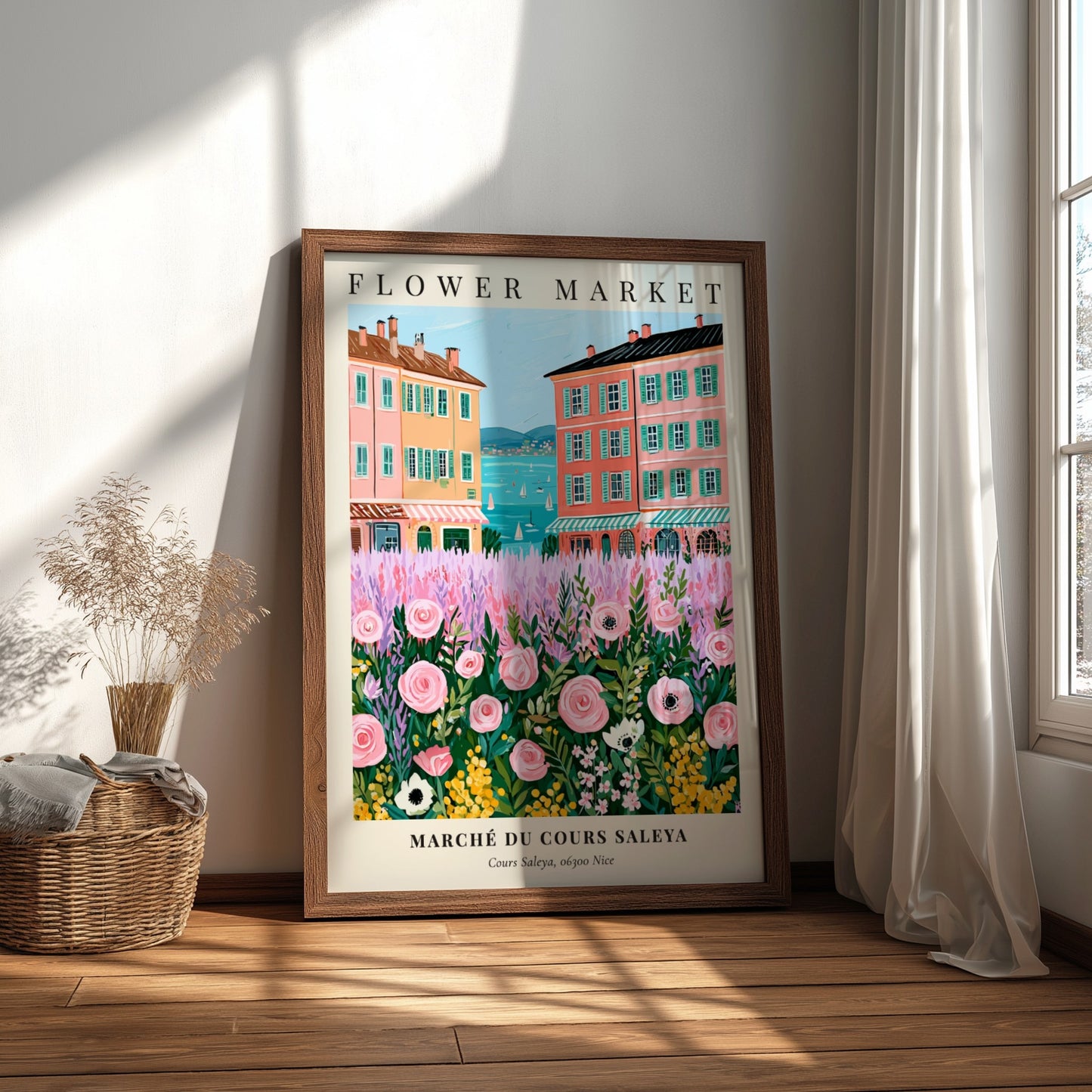 Flower market art print featuring pink flowers and colorful buildings by the sea in a whimsical style