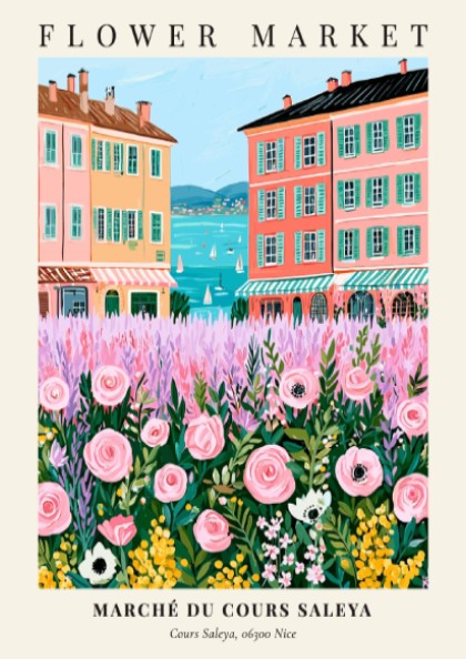 Flower market art print featuring pink flowers and colorful buildings by the sea in a whimsical style