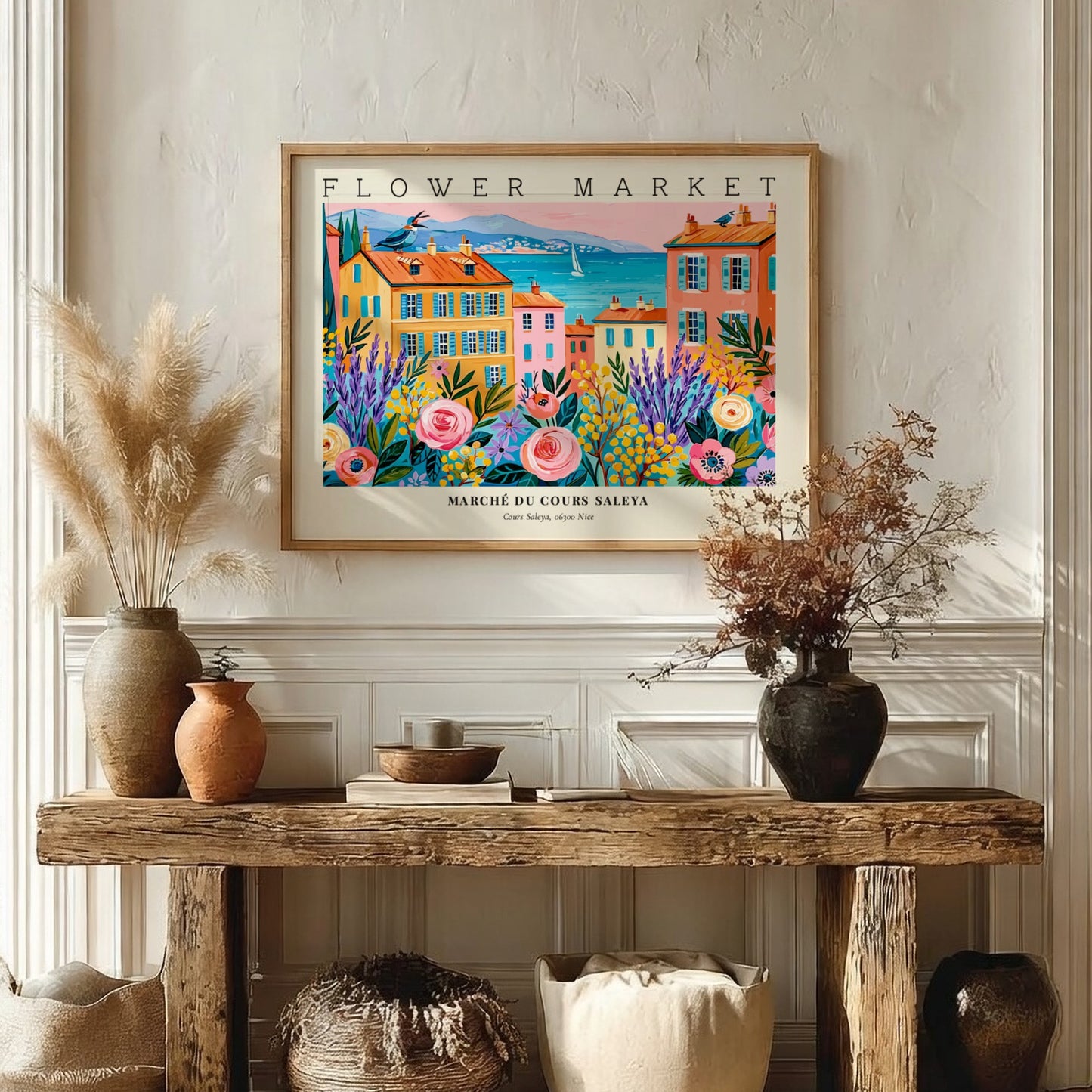Flower market poster featuring vibrant colors and Cours Saleya scenery