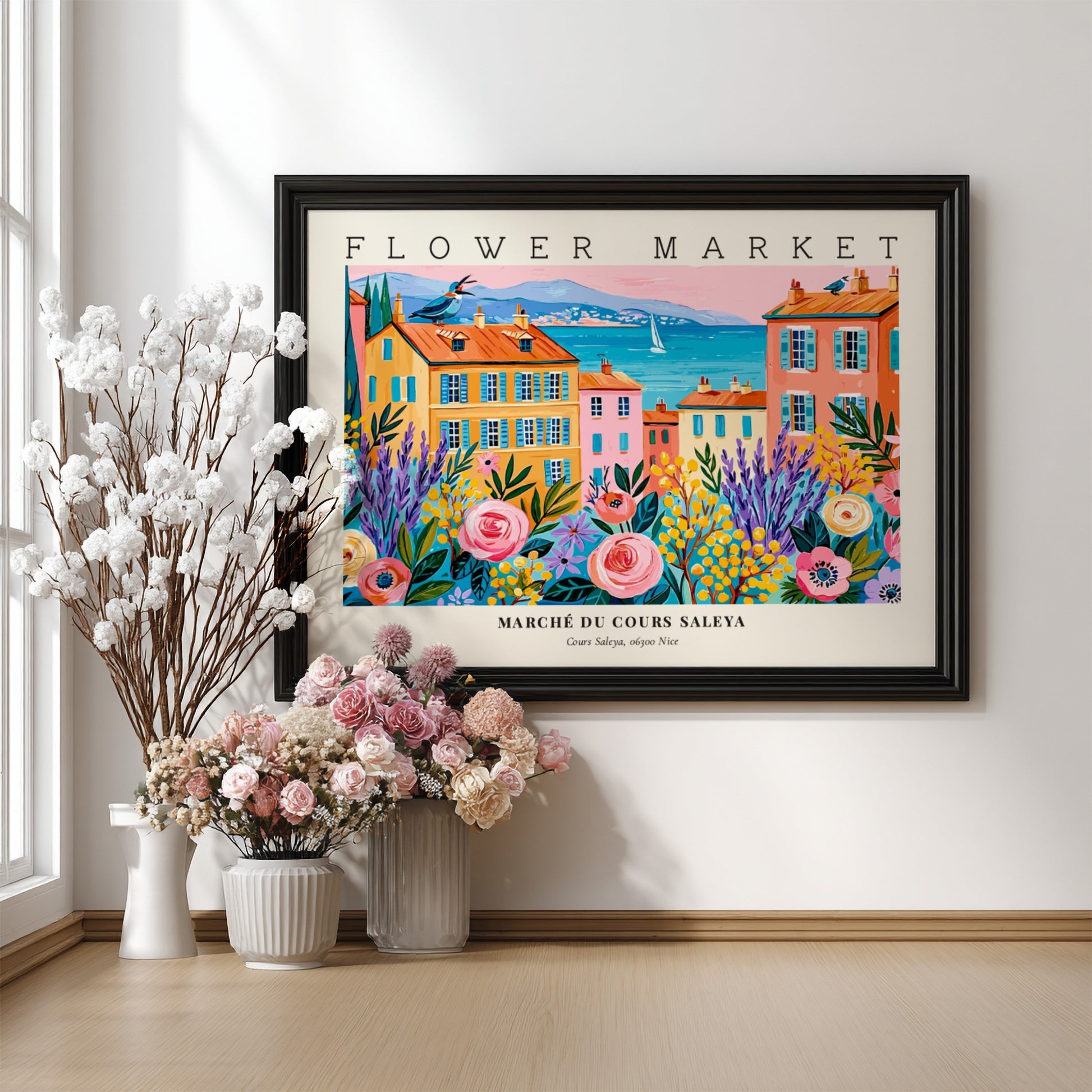 Flower market poster featuring vibrant colors and Cours Saleya scenery