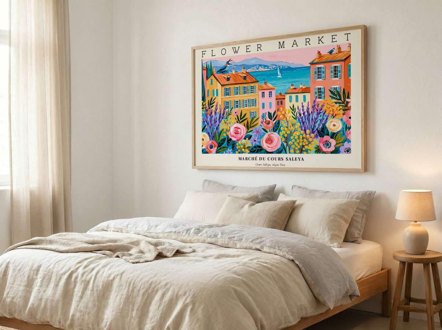 Flower market poster featuring vibrant colors and a lively landscape scene