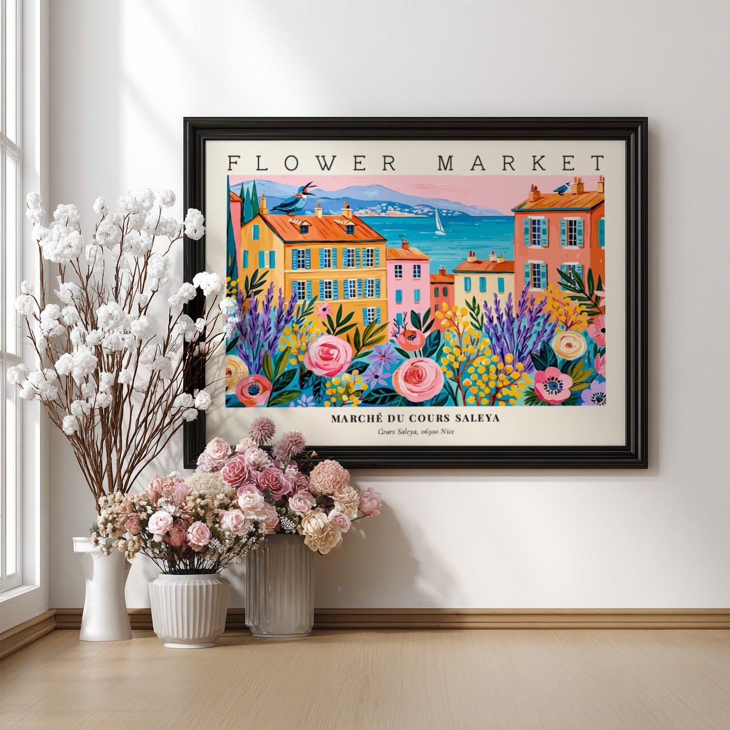 Flower market poster featuring vibrant colors and a lively landscape scene