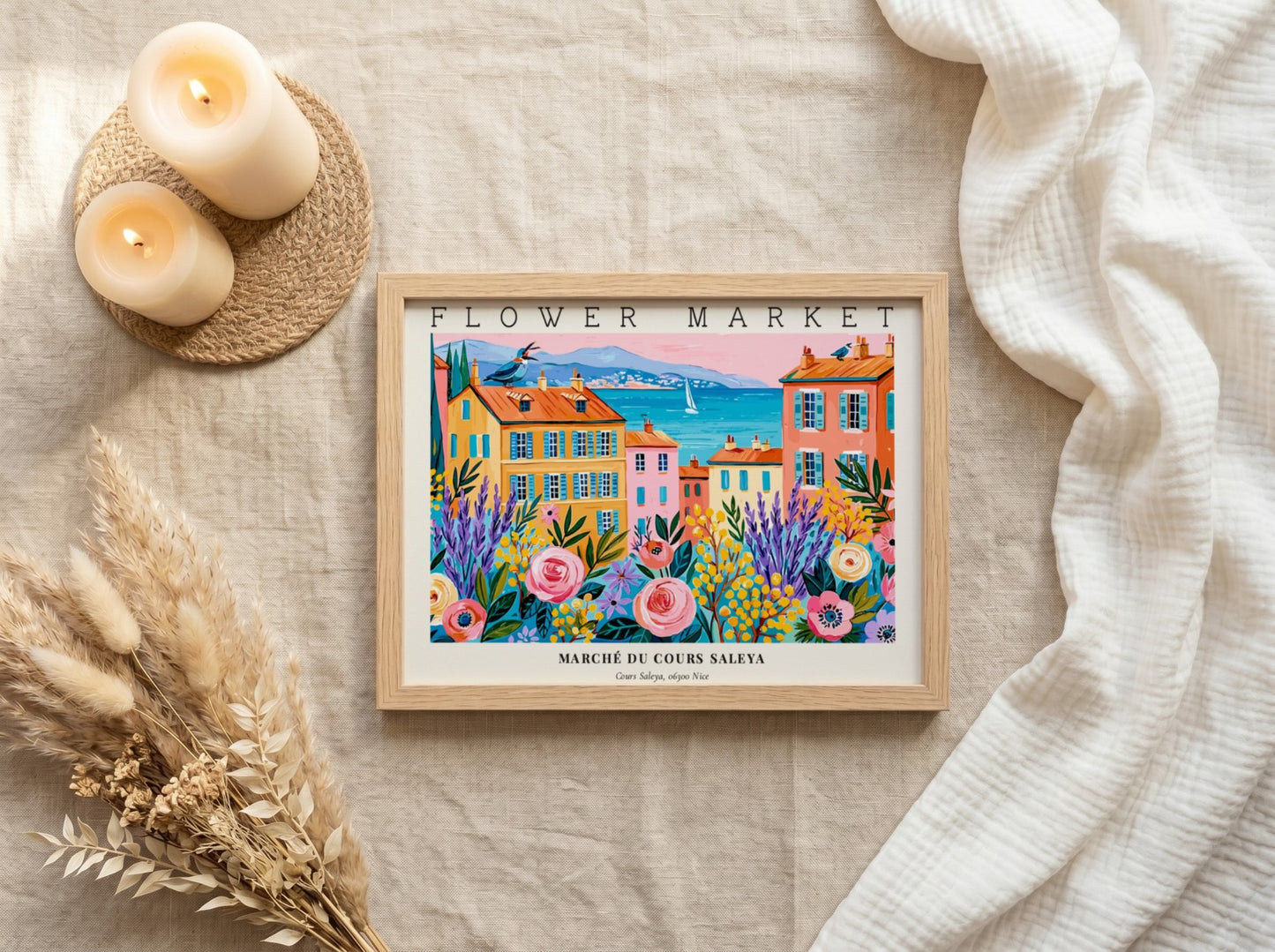 Flower market poster featuring vibrant colors and a lively landscape scene